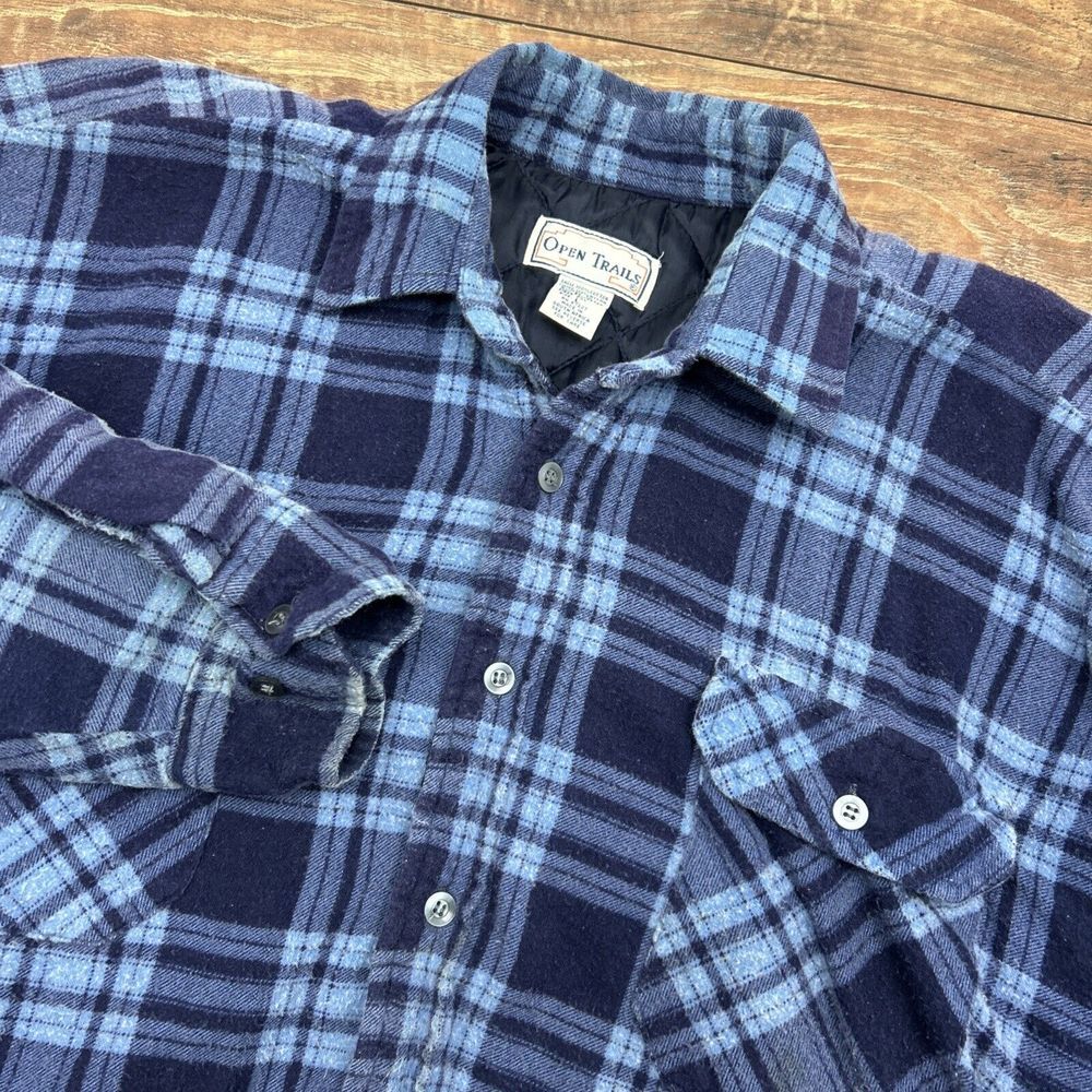 VTG Open Trails Shacket Men Large Blue Plaid Flannel‎ Shirt Jacket Long Sleeve